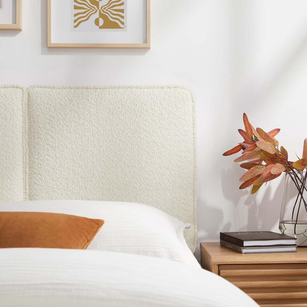 Cream Boucle Upholstered Twin Headboard with Wood Legs
