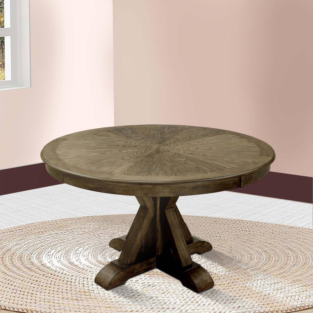 Light Oak Brown Round Wood Pedestal Dining Table for Four
