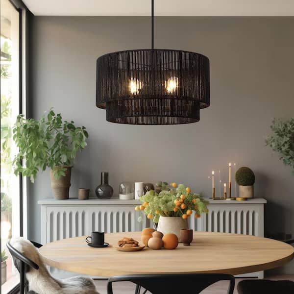 Bohe 22 in. 4-Light Black Tiered Rattan Drum Chandelier Light
