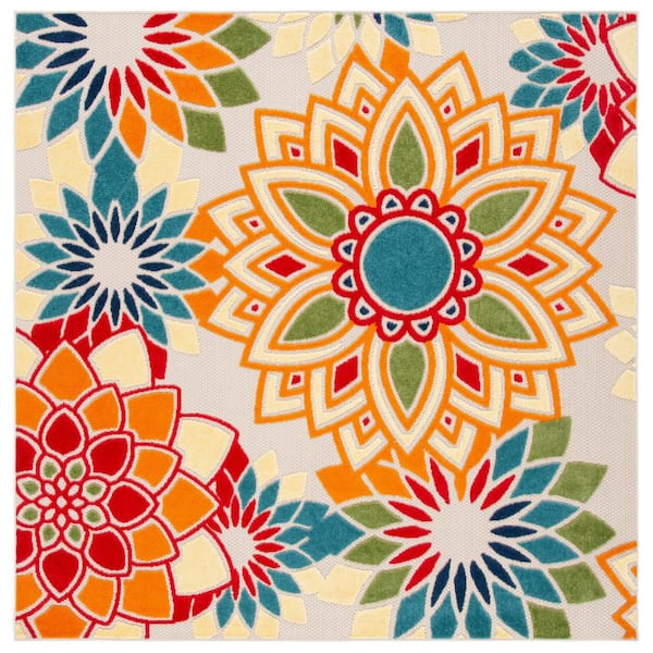 Cabana Ivory/Orange Doormat 3 ft. x 3 ft. Square Retro Floral Indoor/Outdoor Area Rug