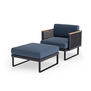 Monterey 2 Piece Aluminum Outdoor Patio Chat Chair and Ottoman Set with Spectrum Indigo Cushions
