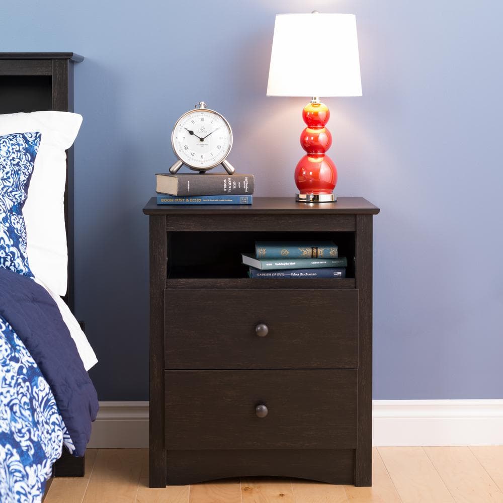 Washed Black 2-Drawer Nightstand with Open Shelf