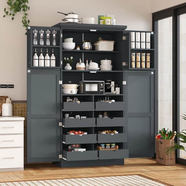 70.9 in. Gray Freestanding Kitchen Pantry Cabinet with 4 Doors, 2 Door Shelves, 8 Pull-out Trays and Adjustable Shelf