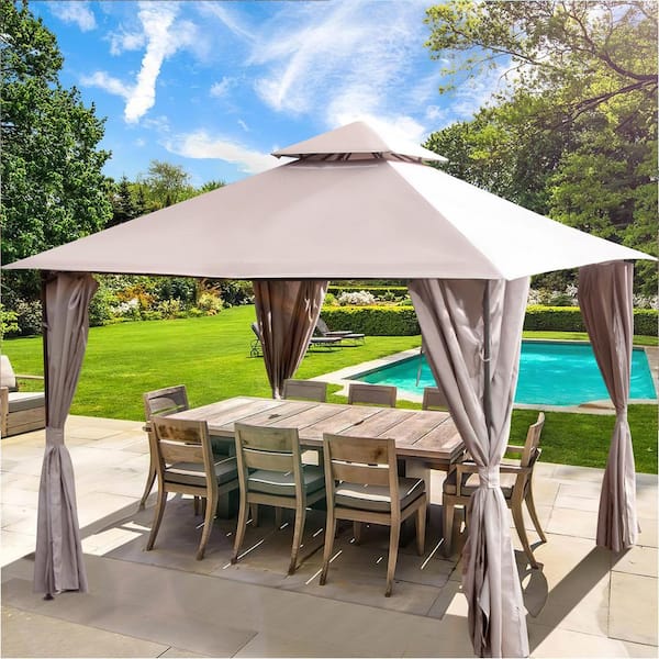 FORCLOVER 10 ft. x 13 ft. Brown Gazebo for Outdoor Canopy Shelter with Mosquito Netting Double Roof Tops with Curtain Screens