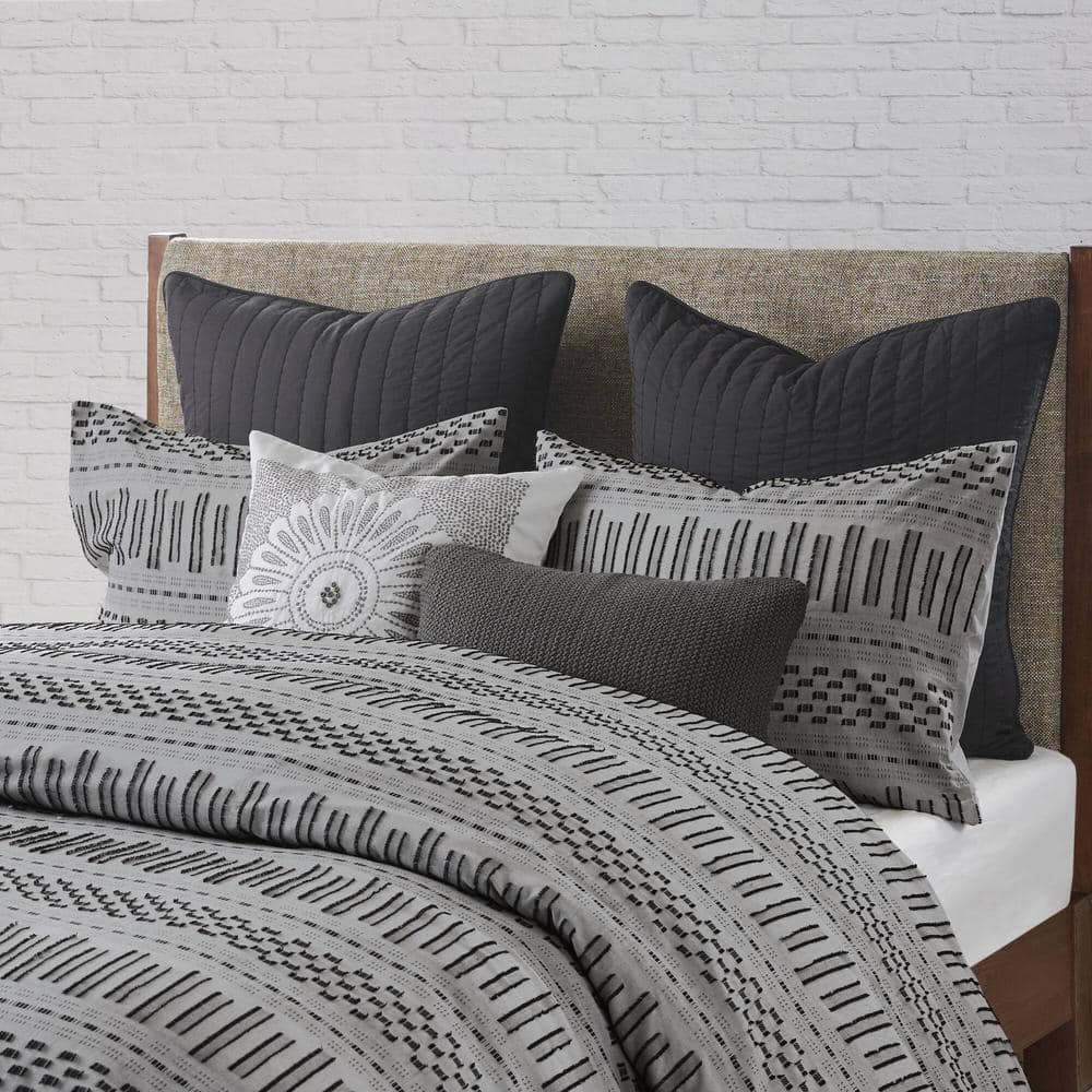 Full/Queen Gray Cotton Jacquard Duvet Cover Set with Textured Accents