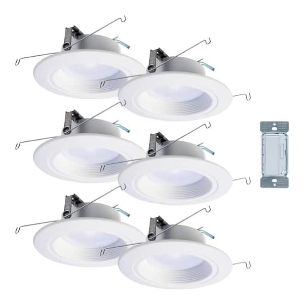 HALO RL5 in. & 6 in. White Bluetooth Smart Integrated LED Recessed Light Trim, Tunable CCT, 6-Pack & In-Wall Accessory Dimmer