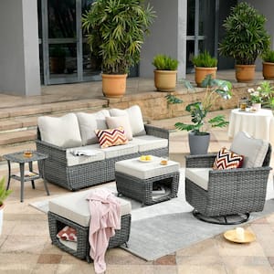 Fortune Dark Gray 5-Piece Wicker Outdoor Patio Conversation Set with Beige Cushions and Swivel Chairs