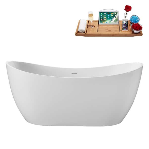 63 in. x 32 in. Acrylic Freestanding Soaking Bathtub in Glossy White with Matte Oil Rubbed Bronze Drain