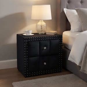 Fysa Black 2-Drawer 24 in. W Nightstand with Crystal Knobs and Tufted Upholstery