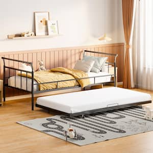 Black Metal Twin Size Daybed with Twin Size Trundle, Curved Handle Design