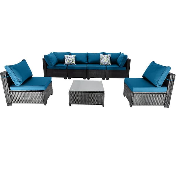 Unbranded 7-Piece Deep Coffee Wicker Outdoor Sectional,Rattan Outdoor Patio Set with Peacock Blue Cushions,Pillows and Coffe Table