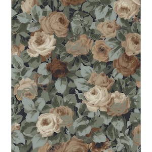 30.75 sq. ft. Midnight Blue and Cafe Rose Garden Vinyl Peel and Stick Wallpaper Roll