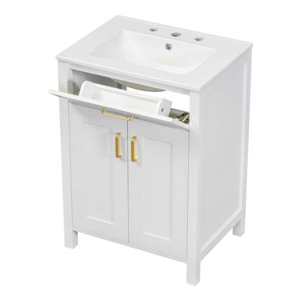 24 in. Single Sink Freestanding White Bath Vanity with White Ceramic Top 2-Soft-Close Doors and Dual-Tier Shelving