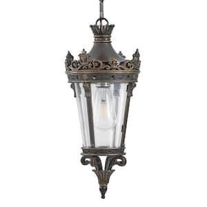 Coffee Golden Aluminium Antique Crown Outdoor Hanging Lantern with Ornate Metal Design, Clear Glass for Patio (No Bulb)