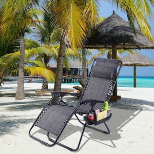 Black Folding Zero Gravity Chairs Metal Outdoor Lounge Chair in Gray Seat with Headrest (2-Pack)