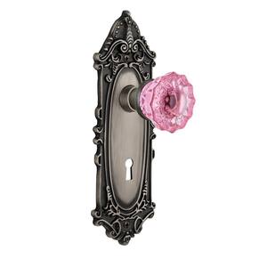 Victorian Plate Interior Mortise Crystal Pink Glass Door Knob in Antique Pewter