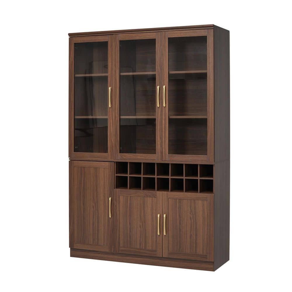 Modern 14-Bottle Walnut and Gold 47.24 in. W Wood Wine Cabinet with Removable Wine Rack and Adjustable Shelves