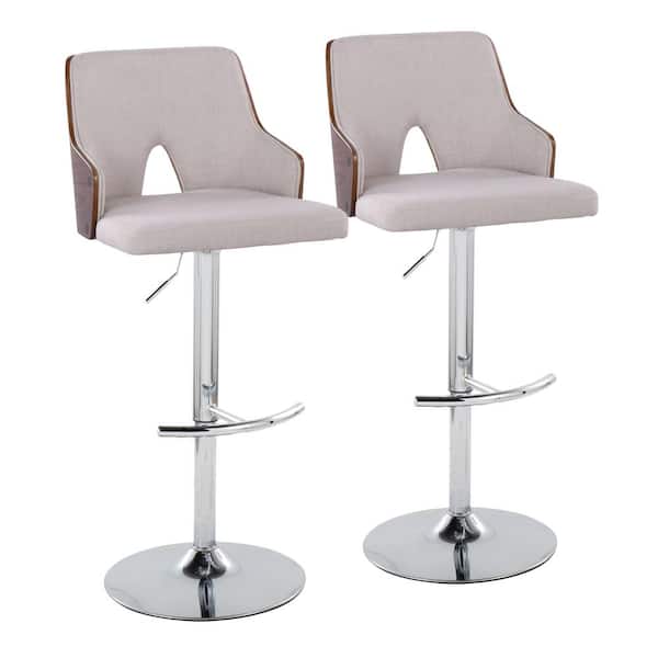 Lumisource Stella 34 in. Beige Fabric, Walnut Wood and Chrome Metal Adjustable Bar Stool with Rounded T Footrest (Set of 2)