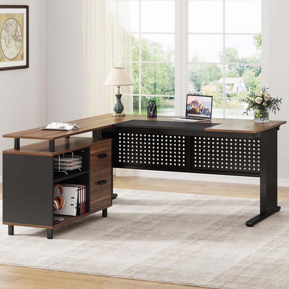 63 in. L-Shaped Brown Black Engineered Wood Computer Desk with File Cabinet, Large Office Desk with Drawers and Storage price history on PriceWatchPro