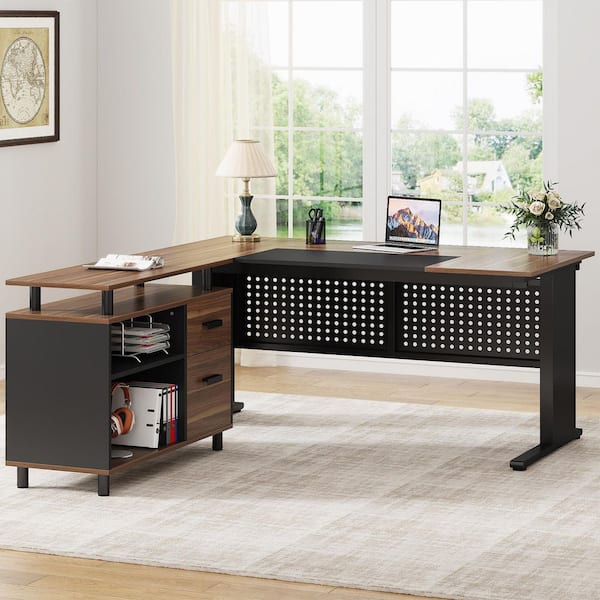 63 in. L-Shaped Brown Black Engineered Wood Computer Desk with File Cabinet, Large Office Desk with Drawers and Storage