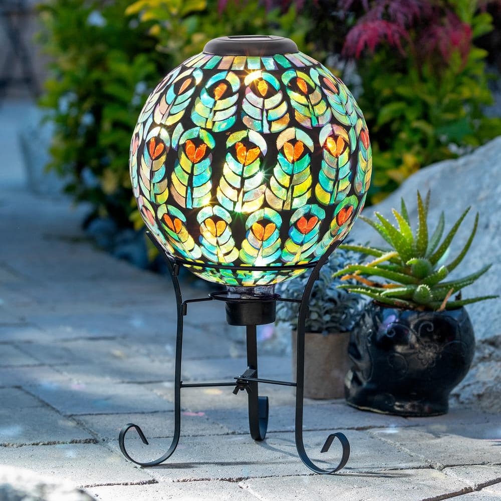Solar Multicolor Glass Peacock Feather Mosaic Gazing Globe with Metal Stand