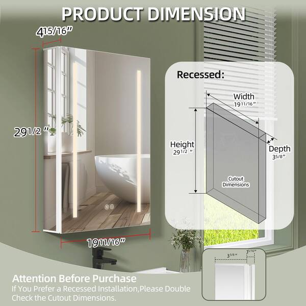 20 in. W x 30 in. H Rectangular Aluminum Recessed/Surface Mount Right hinged Medicine Cabinet with Mirror and LED Light