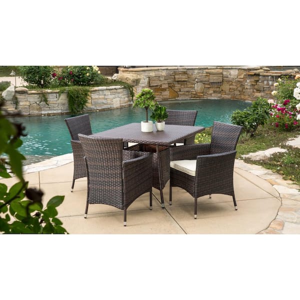 Noble House Danielle Multi-Brown 5-Piece Faux Rattan Square Outdoor Patio Dining Set with Beige Cushions