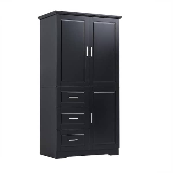 33 in. W x 20 in. D x 62 in. H Black Linen Cabinet with Doors and 3 Drawers