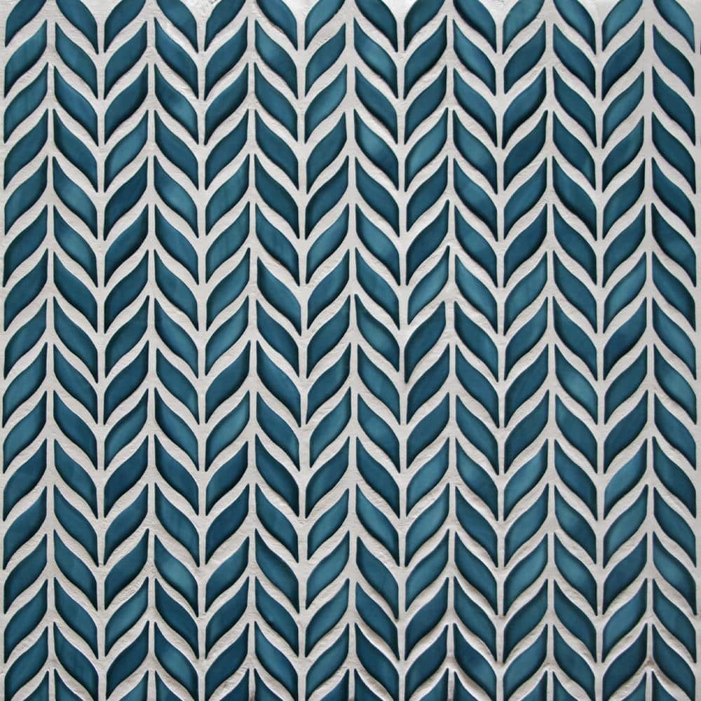 11.3" x 10.7" Blue Glazed Leaf Waterjet Recycled Glass Mosaic Tile