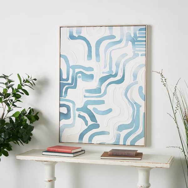 1-Panel Abstract Framed Wall Art Print with Blue Wavy Lines and Brass Frame 40 in. x 30 in.