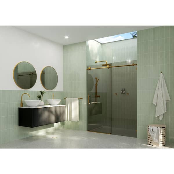 Glass Warehouse Equinox 56 in. - 60 in. W x 78 in. H Frameless Sliding Shower Door in Satin Brass with Handle