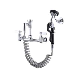 8 in. Centers Double Handle Wall Mounted Brass Pet Bathing Faucet with Retractable Hose in Polished Chrome