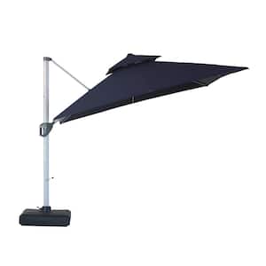 10 ft. Square Aluminum Cantilever Patio Umbrella 360 Rotation, Steel Ribs, Dual Top with Cover and Base in Navy Blue