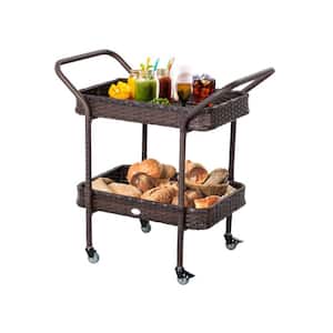Outdoor Patio Polyethylene Rattan Serving Cart with with 2-Tier Open Shelf and Caster Wheels in Brown