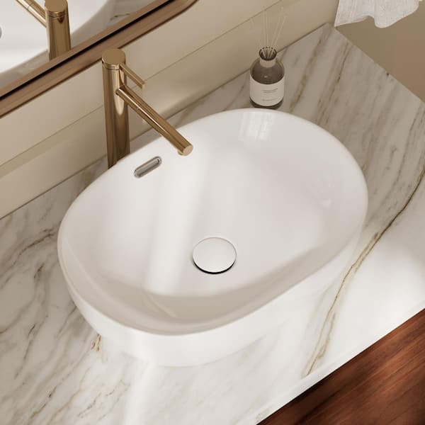 19 in. x 14 in. Oval Vessel Sink with Overflow, Modern Above Counter White Ceramic Sink for Bathrooms