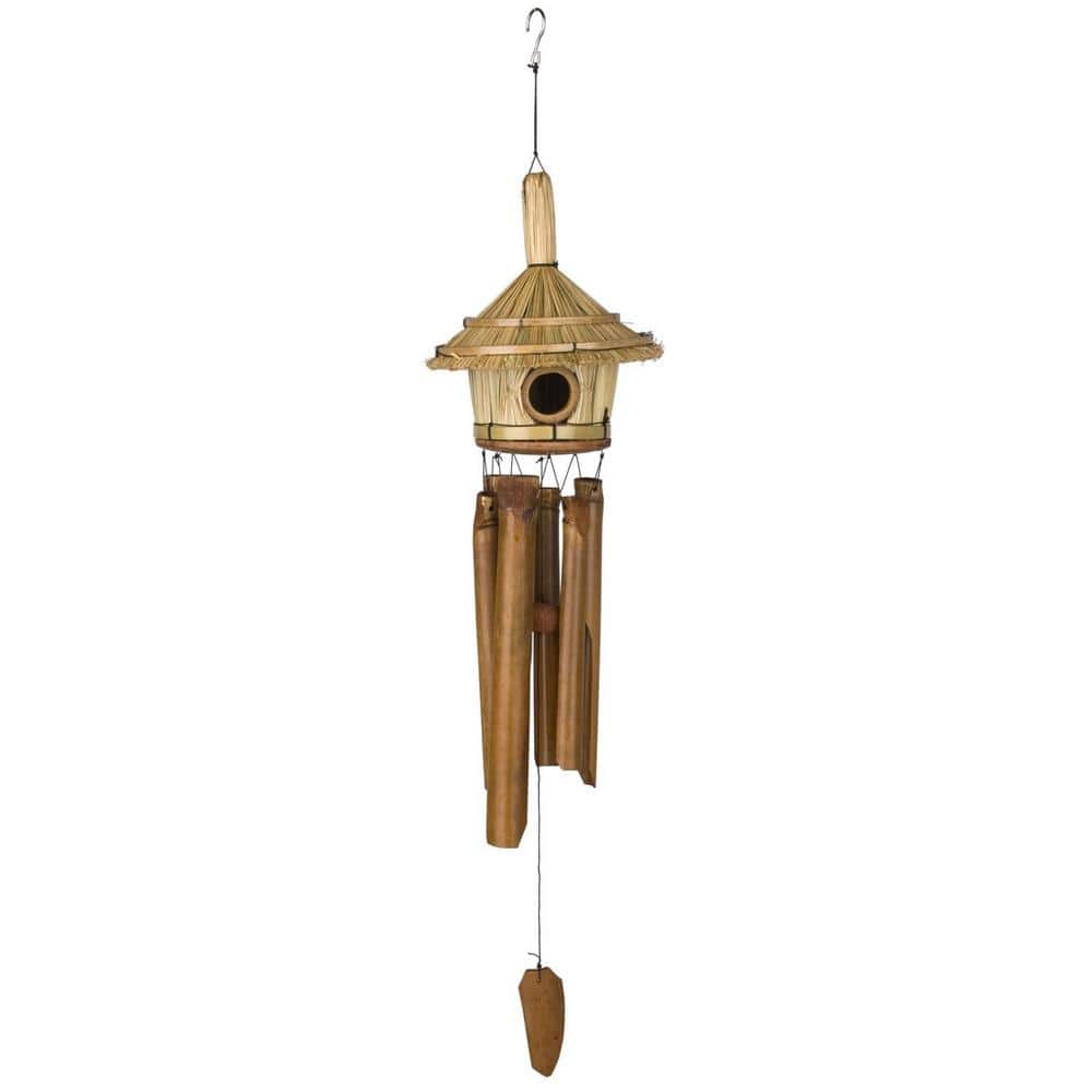 Handcrafted Bamboo and Rattan Thatched Roof Birdhouse Wind Chime