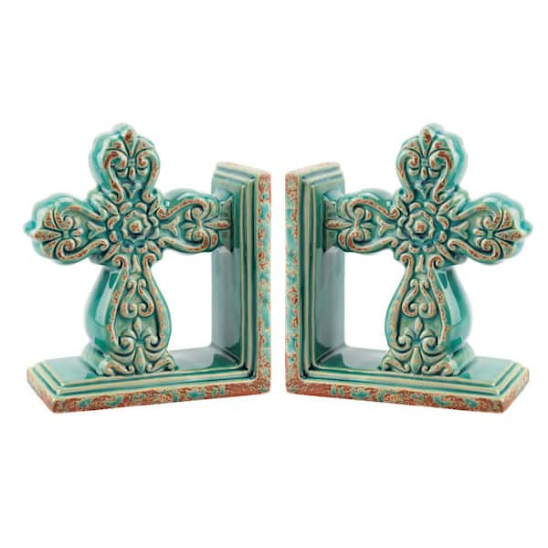 Stonebriar Collection 14 in. x 8 in.Turquoise Ceramic Worn Baroque Cross Bookend (2-pack)