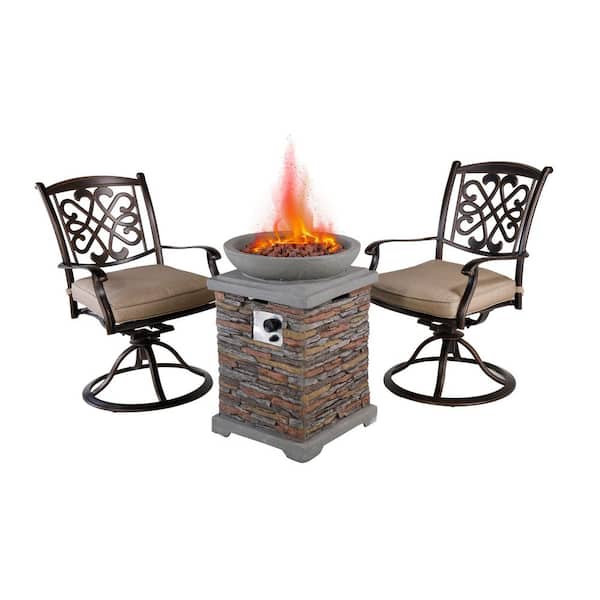 Mondawe Eric 3-Piece Cast Aluminum Outdoor Conversation Seating Set Beige Cushion with Patio Fire Pit for Garden ,Yard,Countyard