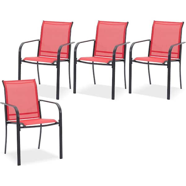 Black Frame All-Weather Stackable Metal Outdoor Patio Chairs with Red Textilene Fabric for Lawn, Garden (4-Pack)