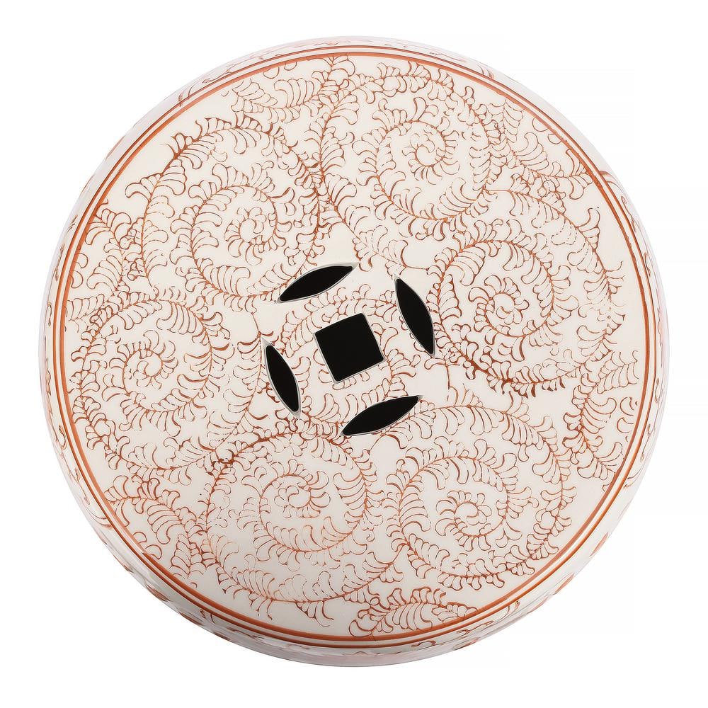 18" Orange and White Ceramic Chinoiserie Drum Garden Stool