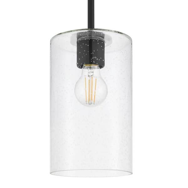 Home Decorators Collection Helenwood 1-Light Matte Black Craftsman Pendant Light with Clear Seeded Glass Shade