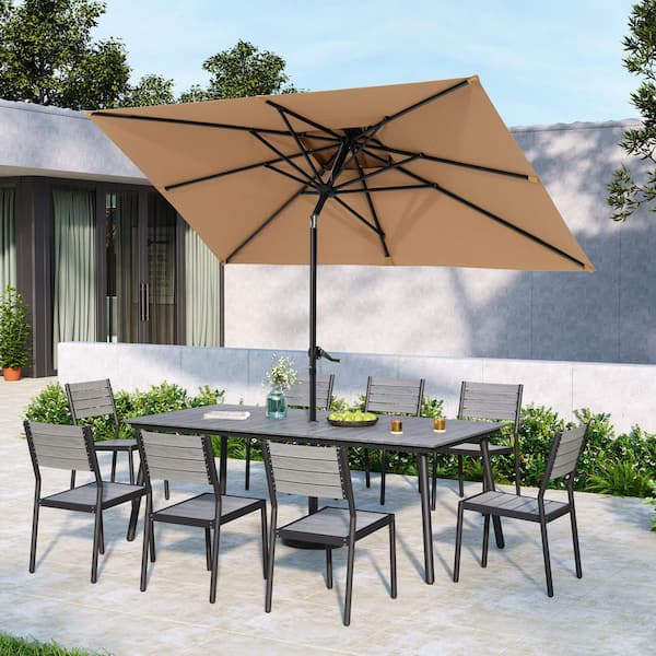 Double Top 10 ft. x 6.5 ft. Rectangular Aluminum Market Crank and Tilt Patio Umbrella in Tan