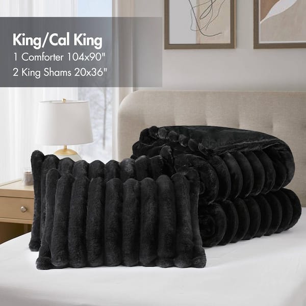 Madison Park Dahlia Polyester Black Faux Fur King Comforter Set