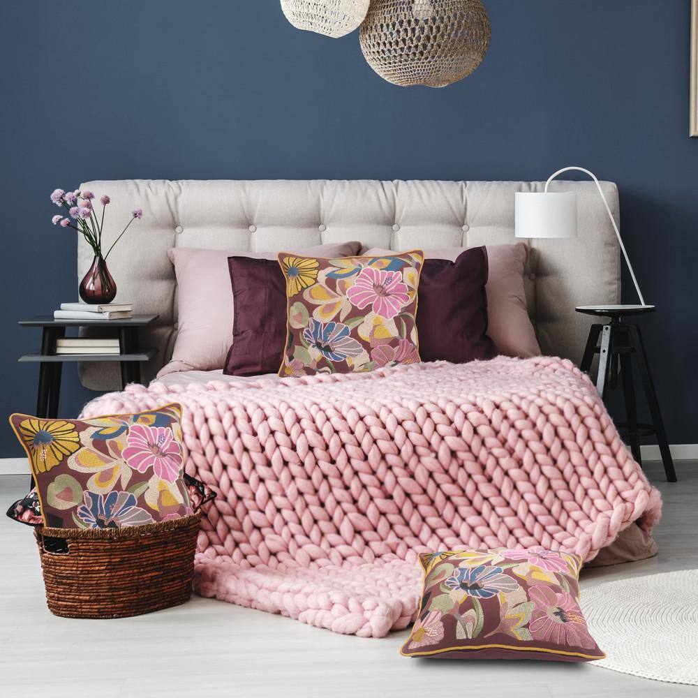 Hibiscus Floral Multi-Color Cotton Square Throw Pillow, 20"