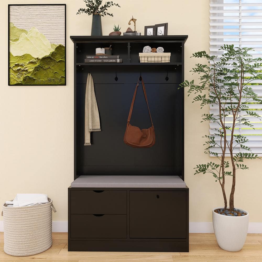 Boosicavelly Black 40 in. Wide Hall Tree with Shoe Storage Bench with 4 ...