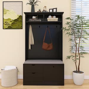 Black 40 in. Wide Hall Tree with Shoe Storage Bench with 4 Sturdy Hooks