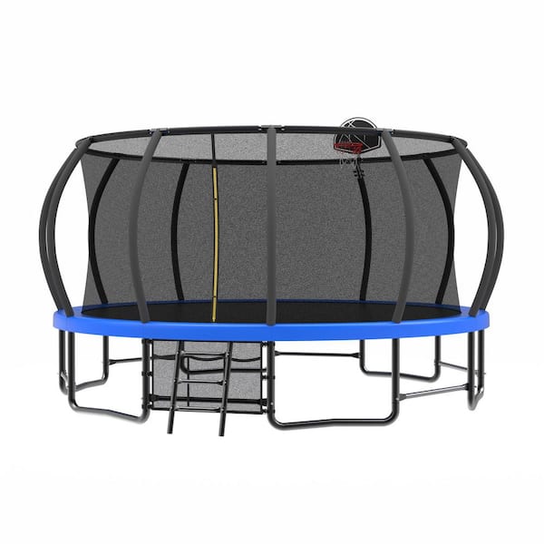 Unbranded 15 ft. Outdoor Recreational Trampoline with Basketball Hoop Enclosure Net Ladder for Kids Adults for Garden, Blue