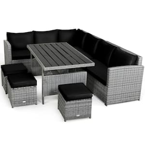 7-Piece Wicker Patio Conversation Set with Black Cushions and Dining Table