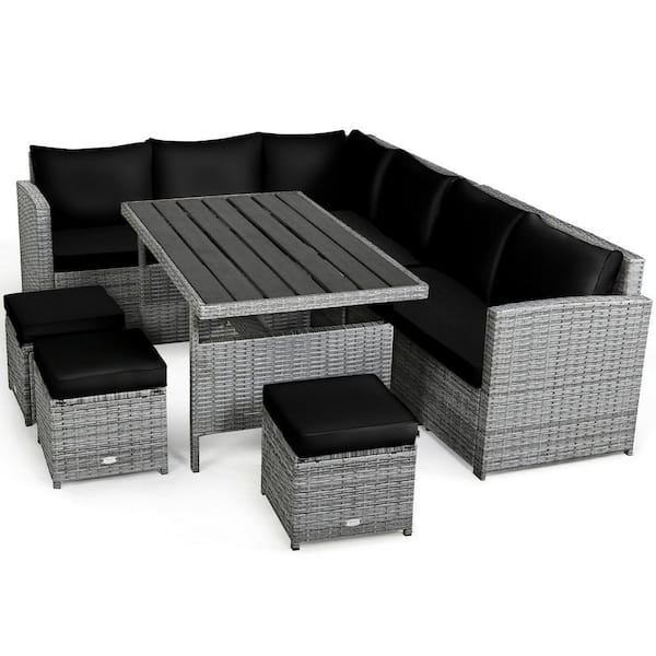FORCLOVER 7-Piece Wicker Patio Conversation Set with Black Cushions and Dining Table