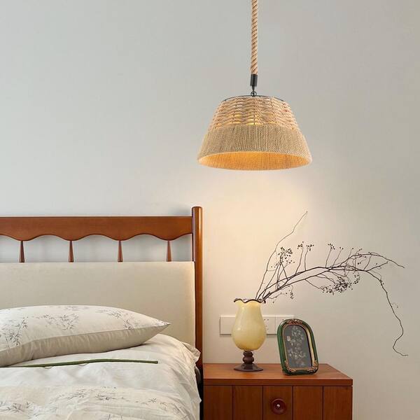 OUKANING 1-Light Wood Rustic Shaded Pendant Light with Woven Hemp